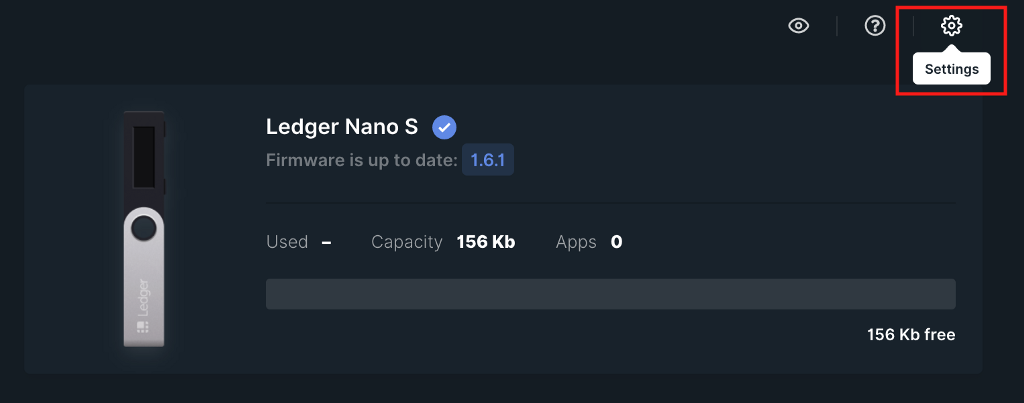 Settings button on ledger live
