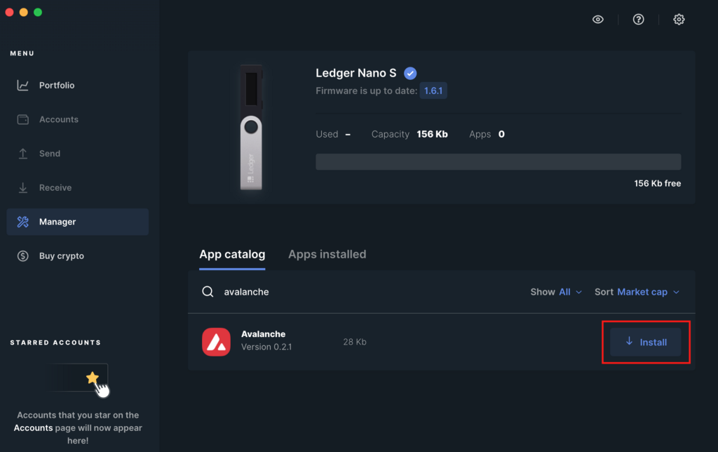 Avalanche Ledger app install button