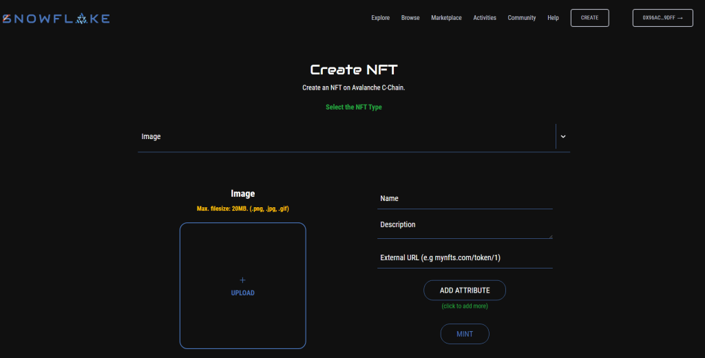 creating an nft on the avalanche nft marketplace snowflake.market